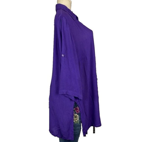 Roaman's 12W Purple Semi-Sheer Button Collar Roll-Tab 3/4 Sleeve Tunic Blouse - Picture 3 of 6